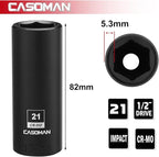 CASOMAN 1/2-Inch Drive x 21mm Deep Impact Socket, 6-Point, Metric, CR-MO