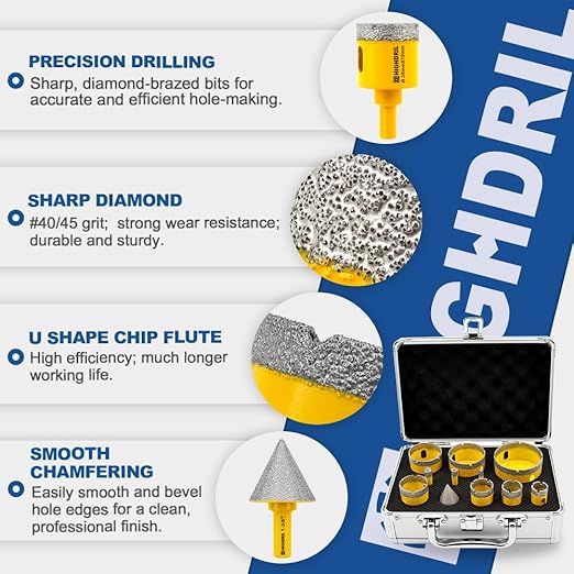HIGHDRIL Diamond Drill Bits Kit with Triangle Shank for Porcelain Tile Ceramic Marble Brick Concrete Vacuum Brazed Hole Saw(6/8/10/20/25/28/35/45/50/65mm+35mm Hex Shank Chamfer Beveling Bit