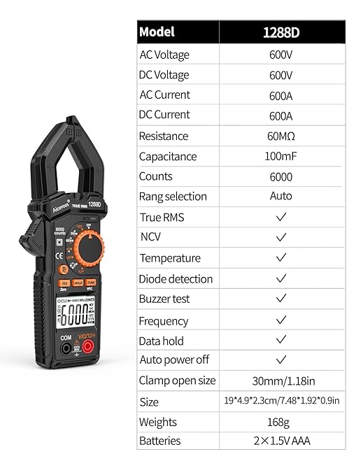 Clamp Meter 6000 Counts Amp Meter Auto-ranging dc Clamp Meter, Measures Current Voltage Capacitance Resistance (AC/DC Current)
