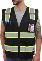Dib Safety Reflective Vest High Visibility with Pockets and Zipper, Black with Yellow Trim S