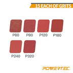 POWERTEC 45101, 90 Pack, 6"x 8 Holes, A/O Hook & Loop Sanding Disc | 60 80 120 180 240 320, Assorted Grits, Red