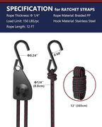 VIPARSPECTRA Ratchet Tie Down Straps, 1/4" Adjustable Rope Hangers [8 Pack, 12FT, 150 lbs/Pack], Heavy Duty Kayak Pulley System with Hooks for Garage Cargo Trucks Tents Grow Lights Various Lashing