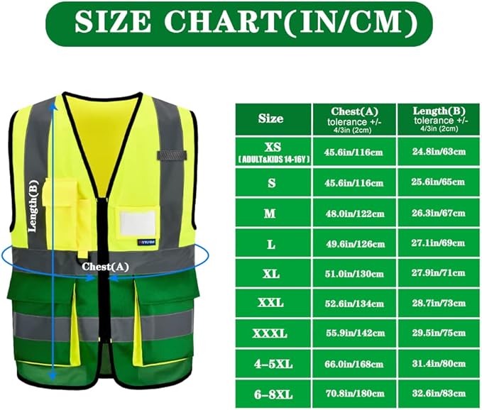 A-SAFETY Reflective Safety Vest, Hi Vis 9 Pockets High Visibility Zipper Front Safety Vest, Yellow&Green Color Mixed, L