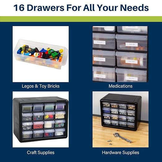 Akro-Mils 16-Drawer Plastic Drawer Storage Cabinet for Garage Organization, Beads, Makeup Organizer, Building Bricks Storage, Teacher Toolbox, 10-1/2-Inch W x 6-1/2-Inch D x 8-1/2-Inch H, 10116 White