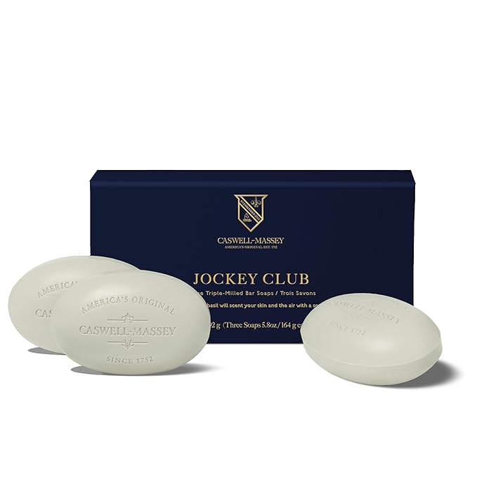 Caswell-Massey Men’s Bar Soap Gift Set - Jockey Club Scent - Triple-Milled Moisturizing Body Soap Bars for All Skin Types, Plant-Based Formula with Essential Oils, Made in USA, 3 x 5.8 oz