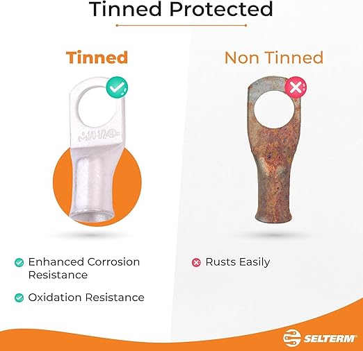 SELTERM 5pcs 2/0 AWG 3/8" Stud Tinned Copper Wire Lugs, Ring Terminals, Battery Cable Ends, 00 Gauge Ring Terminal Connectors, UL Marine Grade Electrical Terminal Connectors