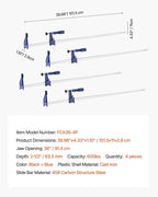 VEVOR Bar Clamps for Woodworking, 4-Pack 36 inch Opening, Lockable F-Clamp with 600 lbs Load Limit, 2-1/2 inch Depth, Cast Iron and Carbon Steel, Easy to Use, Wood Clamps for Woodworking Metal Working