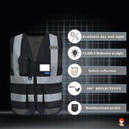 A-SAFETY 7 Pockets Hi Viz Zipper Front Working Safety Vest with Reflective Strips, Multiple Colors Available, Black S