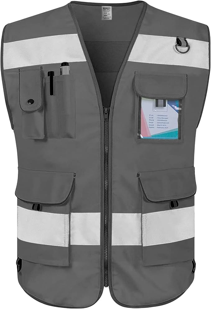 TCCFCCT Safety Vest for Men Women 9 Pockets High Visibility Reflective Vest for Safety, Work Vest with Reflective Strips, Meets ANSI/ISEA Standards, (Grey, X-Large)