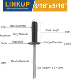 Linkup 160pcs pack 3/16" x 5/16" Black pop blind Rivets, 4.8mm x 8mm Black pop rivets,Aluminum Body Steel Mandrel Rivets (Black),Dome Head aluminum rivets
