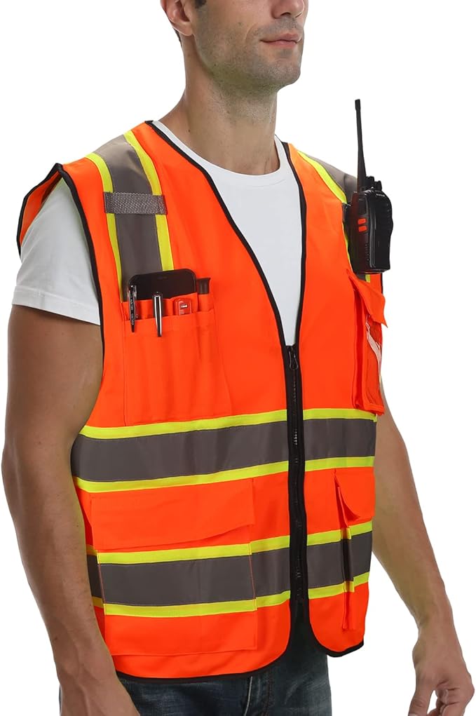 9 Pockets High visibility Class 2 Safety Vest，Hi Vis Vest with 2 inch wide Reflective Strips security vest with Zipper construction work vest for men &women Orange，Medium