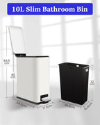 Trash Can with Lid, 10 L Bathroom Waste Bin, Small Pedal Bin, Stainless Steel Garbage Can for Bathroom, Bedroom and Office, White