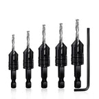 Countersink Drill Bit Set 5 pc,3in1 Woodworking Counterbore Hole Drill Bits,Tapered Countersink Bit,Depth Adjustable M2 Pilot Drill Bits, 82-Degree Chamfer, 1/4”Hex Shank