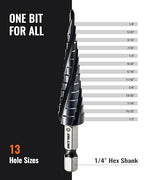 ZELCAN 13 Sizes M35 Cobalt Step Drill Bit, 1/8" to 1/2" Four Spiral Flute Step Drill Bit for Metal, Titanium-Coated HSS Step Bit with 1/4" Hex Shank for Stainless Steel Aluminum Copper Wood Plastic