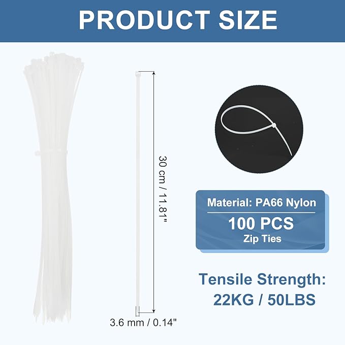 PATIKIL Cable Zip Ties 12 Inch, 100 Pcs Self-Locking Nylon Wire Tie Wraps Heavy Duty Cord Management with 50 lbs Tensile Strength for Indoor and Outdoor, White (0.1" W)