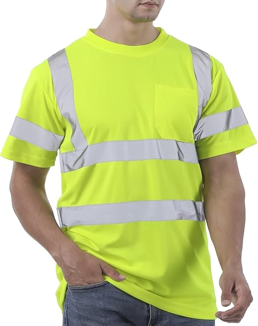 Hi Vis T Shirt Class 3 High Visibility Shirts for Men Safety Shirts with Reflective Strips and Pocket Breathable Construction Work Mesh Short Sleeve Yellow L