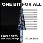 toolant Four Spiral Flute Cobalt Step Drill Bit(Pro), 1/4"-3/4" Impact Ready Unibit Step Drill Bit, 1/4" Hex Shank Step Bits for Metal, Stainless Steel, Aluminum, Plastic
