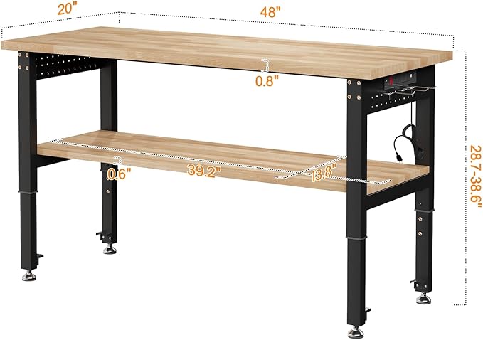 SPECRAFT Adjustable 2-Tier Workbench with 4 AC Outlet and 2 USB Ports Power Outlets, 2000 Lbs Capacity Heavy Duty Workbench, Rubber Wood Top for Garage, Workshop, Office（48x20in）