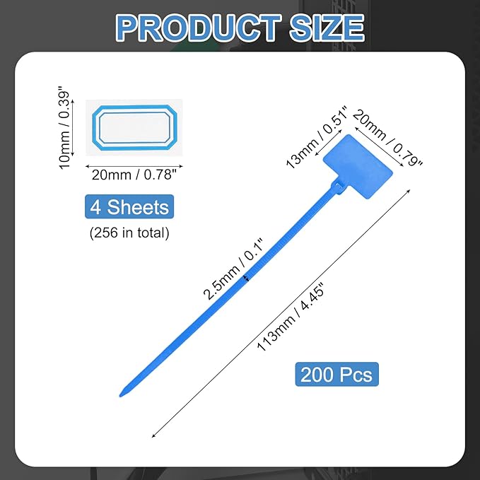 PATIKIL 4inch Zip Ties, 200pcs Cable Ties Tags Nylon Wire Marking Label Self Locking Plastic Straps Write on with Label Tags Paper for Organization Cord Network Ethernet Marking, Blue