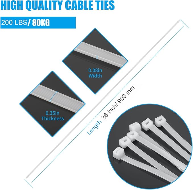 36 inch White Zip Ties Heavy Duty 40PCS, 200LBS Ultra Exclusive Strong Plastic Wire Ties, Large Cable Ties Extra Long Tie Wraps, Indoor and Outdoor UV Resistant