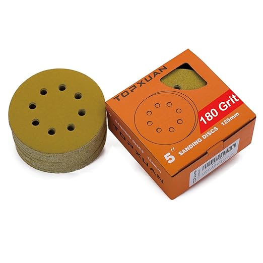 Orbital Sander Pads 5 Inch 8 Holes 180 Grit Sanding Disc,Hook and Loop Wet/Dry Gold Replacement Sandpaper,Suitable for Wood,Plastic Grinding and Polishing,Pack of 50