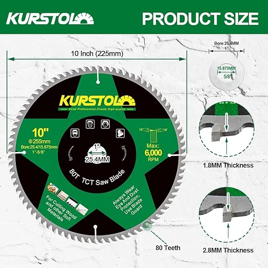 Circular Saw Blade 10 Inch - 80T ABT Wood Cutting Saw Blade with 1” Arbor for Wood, Plastic, Plywood, Particle Boards, Multilayer Boards