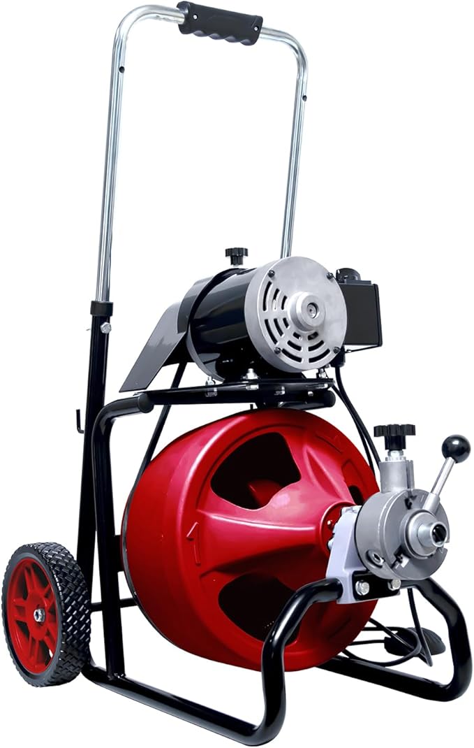 50FT x 3/8 inc Electric Drain Cleaner Machine, Auto-Feed Sewer Snake Auger for 1-1/4" to 2" Pipes, Portable Plumbing Snake with Foot Switch and 8 Cutter Heads for Sink, Bathtub & Shower Clogs
