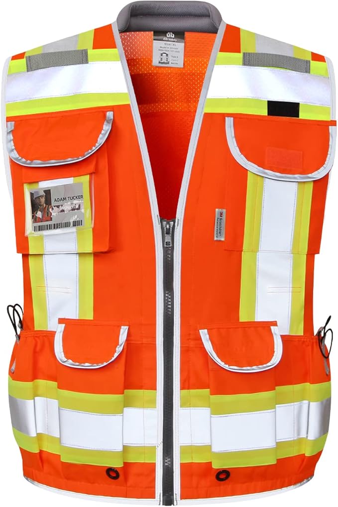 Dib Safety Reflective Vest Heavy Duty, High Visibility Two Tone Engineer Vest, Made with 3M Tape, Padded Collar, Retractable ID Pocket, Orange S