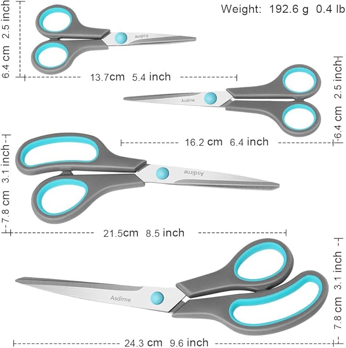 Scissors Set of 4, Premium Stainless Steel Razor Blades, Ergonomic Semi-Soft Rubber Grip, Suitable for School, Office and Family Daily Use, 9.6''/8.5''/6.4"/5.4", Blue&Gray