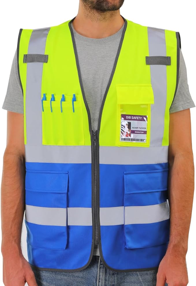 Dib Safety Reflective Vest High Visibility with Pockets and Zipper, Yellow and Blue S