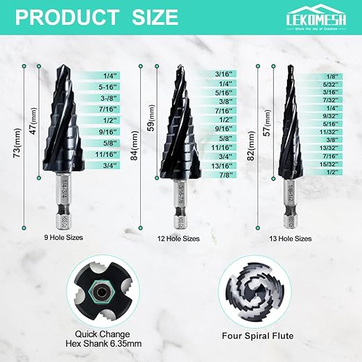 Cobalt Step Drill Bit Set - 3pcs 1/4"-3/4" 1/8"-1/2" 3/16"-7/8" Four Spiral Flute Step Drill Bit M35 with Impact Ready Unibit for Stainless Steel Metal Aluminium Copper Wood Plastic