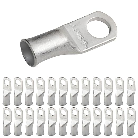 SELTERM 25pcs 4 AWG 5/16" Stud Marine Grade Tinned Copper Battery Cable Lugs, 4 Guage Ring Terminals, UL Wire Lugs Electrical Battery Cable Ends, Tinned Copper Lugs Battery Terminal Connectors
