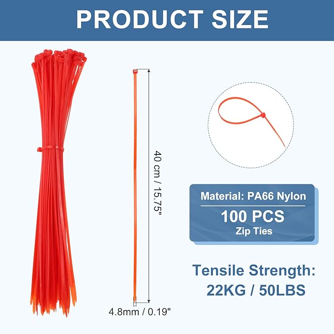 PATIKIL Cable Zip Ties 16 Inch, 100 Pcs Self-Locking Nylon Wire Tie Wraps Heavy Duty Cord Management with 50 lbs Tensile Strength for Indoor and Outdoor, Red (0.2" W)