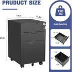 Rolling File Cabinet with Lock, 3 Drawer Metal Mobile Filing Cabinet for Legal/Letter Size,Fully Assembled Except Casters