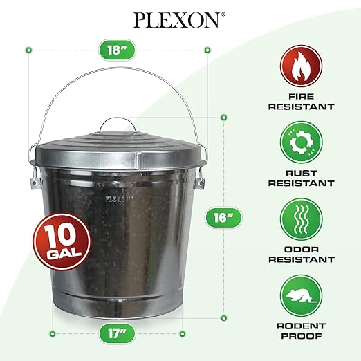 Plexon Metal Trash Can with Locking Lid Outdoor Storage Bucket for Bird Seed Ash Galvanized Steel 10-Gallon 2 Pack