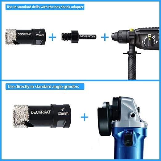 Dry Diamond Core Drill Bits 1 inch with Slots 25mm Diamond Hole Saws, with 5/8-11 Thread to 3/8” Hex Shank Adapter Fit Both Angle Grinders & Electric Drills for Porcelain Granite Tiles Brick Concrete