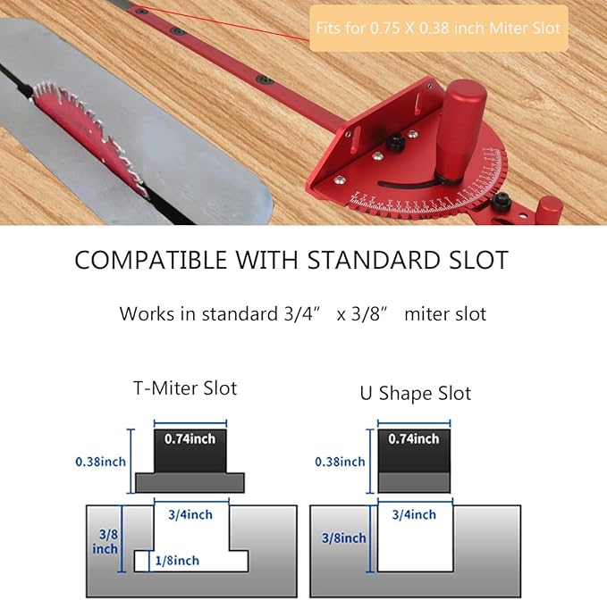 Table Saw Miter Gauge, Works w/Table Saws, Router Table, Band Saw (Red)