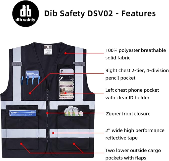 Dib Safety Reflective Vest High Visibility with Pockets and Zipper, Black XL