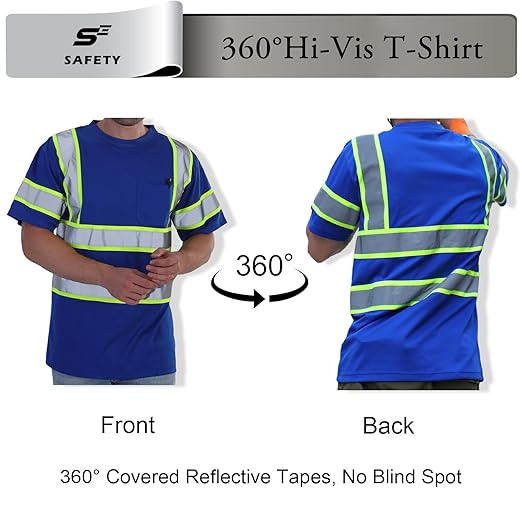 sesafety High Visibility Shirts for Mens Class 3 Hi Vis Reflective Construction Shirts for Men with Pocket Safety T Shirts for Men Work Shirt for Mens Short Sleeve Blue Yellow Strips 4XL