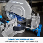 Evolution S355MCS 14" Mitering Chop Saw | Heavy Duty Metal Cutting Saw | 15A/1450 RPM | TCT Blade | Sliding Head & Locking Pin | Cast Iron Clamps | Mitering Base | Knurled Fence | Quick Clamp