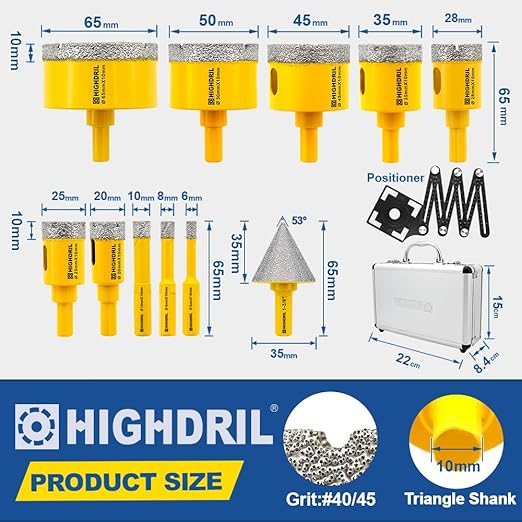 HIGHDRIL Multi Angle Measuring Ruler 5-Hole Drill Locator & Diamond Drill Bit Kit Triangle Shank for Porcelain Tile Ceramic Marble (6/8/10/20/25/28/35/45/50/65+35mm Hex Shank Chamfer Beveling Bit)