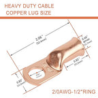 10pcs 2/0 AWG-1/2”(M12) Ring Terminals 00 Gauge Copper Wire Lugs Battery Cable Ends Heavy Duty Battery Cable Terminal Connectors