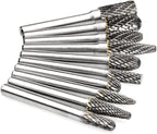 Carbide Burrs Set 1/4 Inch Shank Double Cut Solid Carbide Rotary Burr Set for Die Grinder Drill, Metal Carving, Polishing, Engraving, Drilling(10pcs)