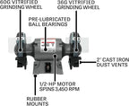 JET 8-Inch Bench Grinder, 3450 RPM, 1/2 HP, 120V 1Ph (Model JBG-8)