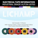 Lichamp 10-Pack Colored Electrical Tape Waterproof, 3/4 in x 66ft, Industrial Grade UL/CSA Listed High Temp Electrical Tape Colors Electric Super Vinyl, 1075C2