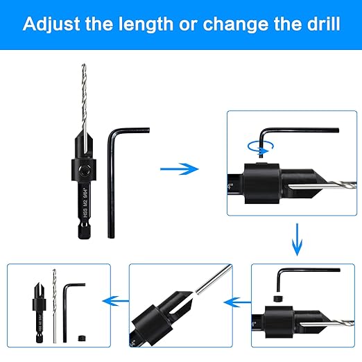 7 Pack Countersink Drill Bits Set, Wood Drill Countersink Counterbore 3in1, Three 82-Degree Chamfer Cutters, M2 Counterbore Cutting Depth Adjustable, with 2 Allen Wrenches and 1/4” Hex Shank