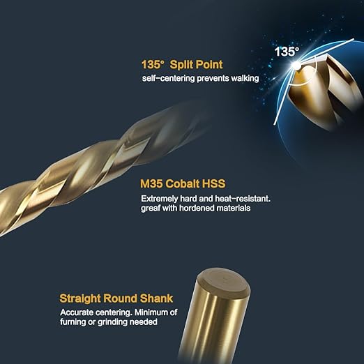 BeHappy 21Pcs Cobalt Drill Bit Set, M35 HSS, 135 Degree Tip, Twist Jobber Length for Hardened Metal, Stainless Steel, Cast Iron, Wood, and Plastics, with Index Storage Case 1/16"-3/8"