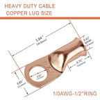 10pcs 1/0 AWG-1/2”(M12) Ring Terminals 0 Gauge Copper Wire Lugs Battery Cable Ends Heavy Duty Battery Cable Terminal Connectors