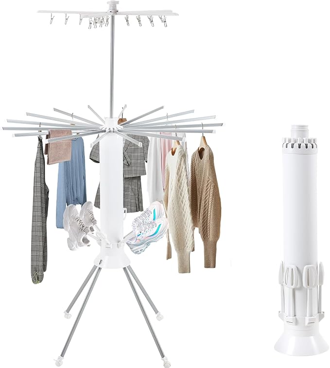 GCCSJ 3 Tier Portable Collapsible 4-Legged Clothes Drying Rack,Foldable Laundry Drying Rack with 4 Pulleys with and Shoe Holders for Indoor Outdoor Space Saving