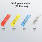 20Pcs Plug-in Quick-Connect Terminal Blocks, 1-in-1-out Wire Connectors, Convenient Wiring KV12, Replaces Electrical Tape (Red Blue Yellow White)